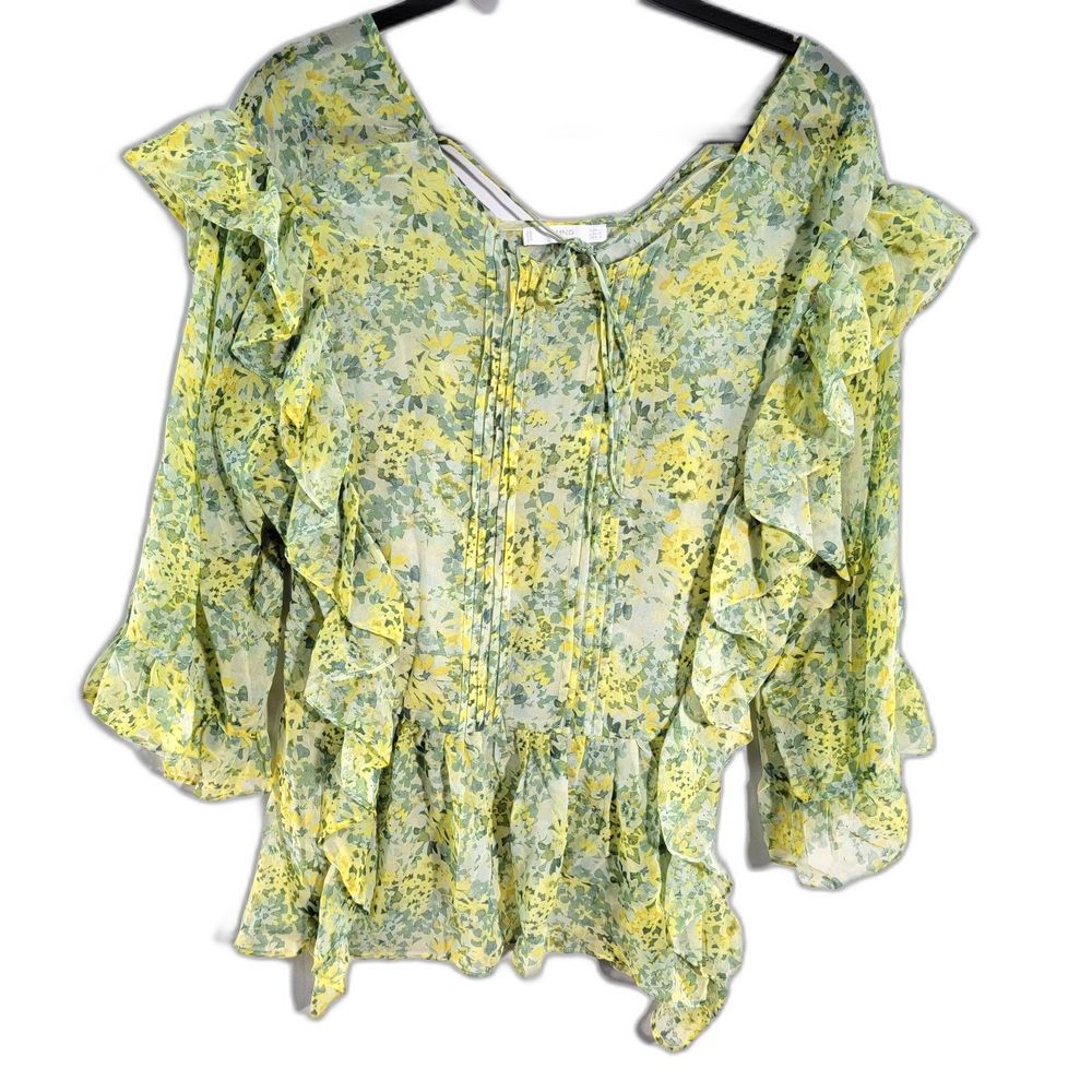 MNG by Mango Yellow Floral Print Long Sleeve Chiffon Blouse Women Large